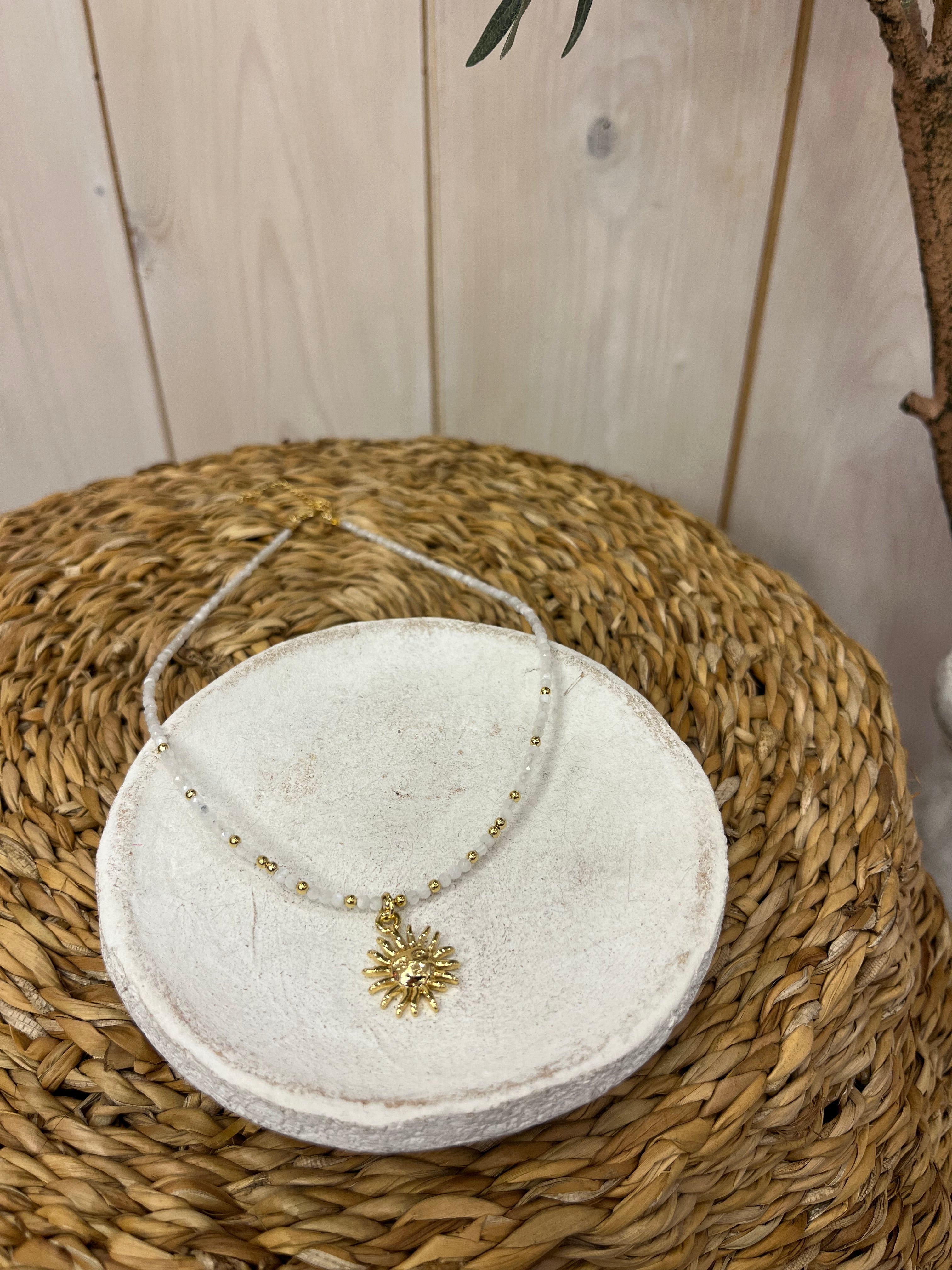 White Beaded Gold Sun Necklace