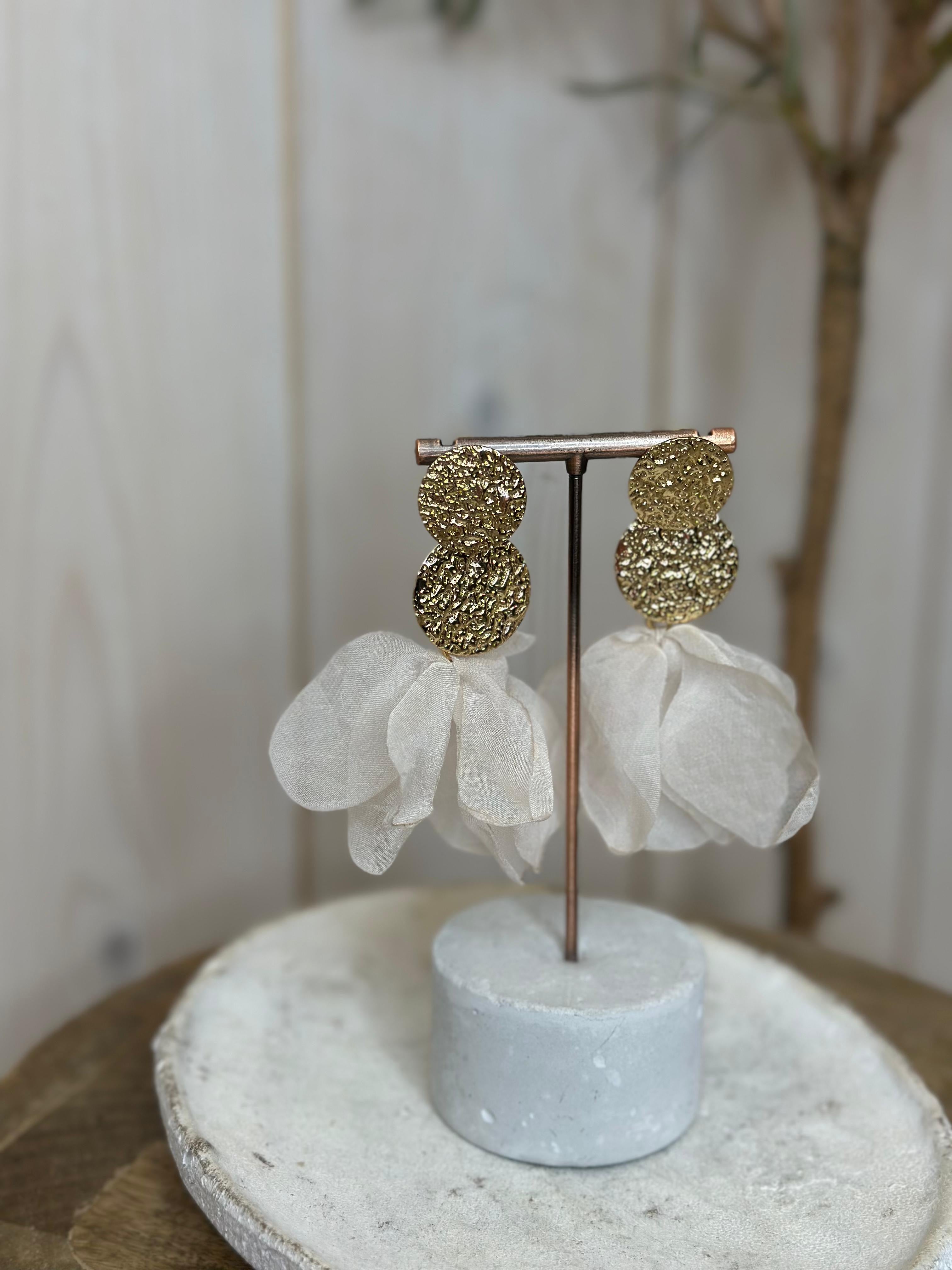 Textured disc earrings with sheer fabric