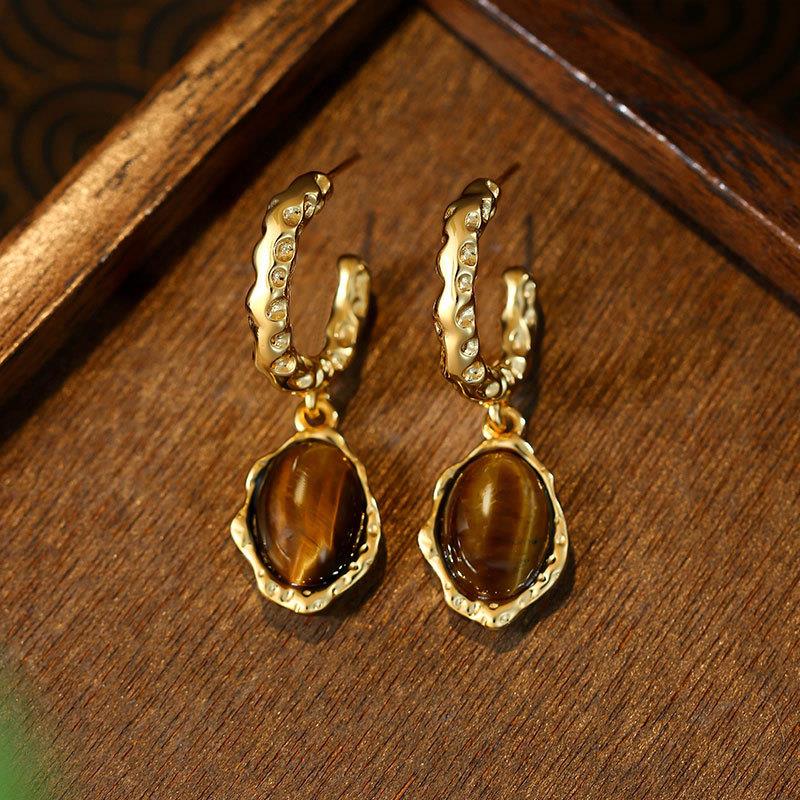 Hammered Hoop Earring Tiger Eye