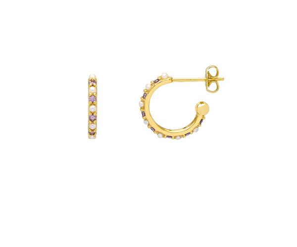 Pearl and Purple Hoop Earrings - Gold Plated