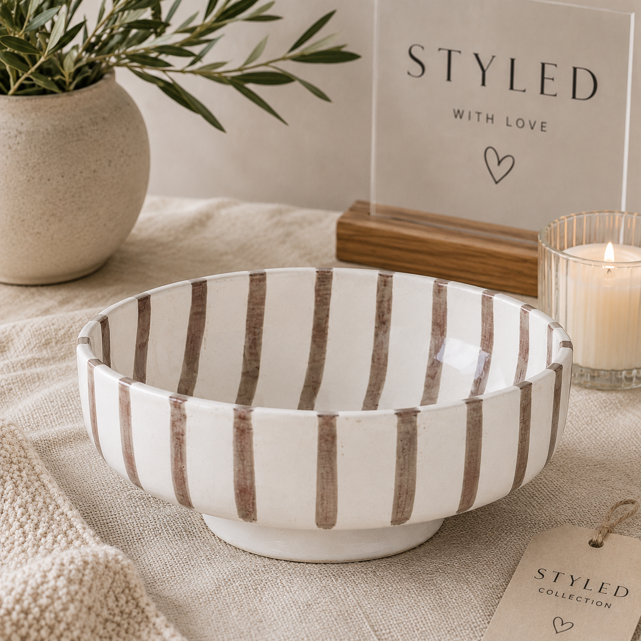 White Stripe Terracotta Bowl
