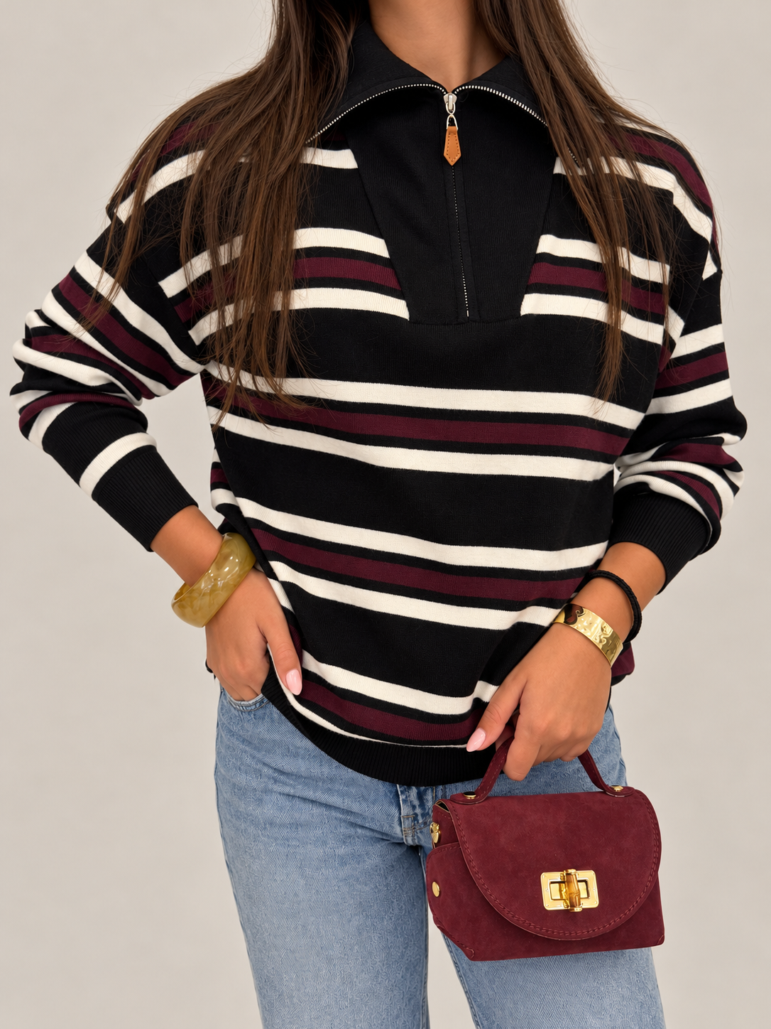 Suzie Striped 3/4 Zip Top