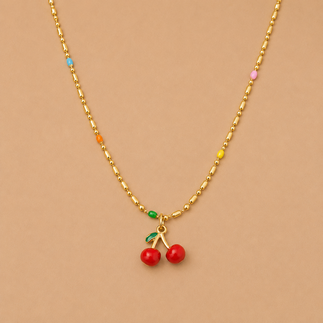 Cherry charm beaded chain necklace