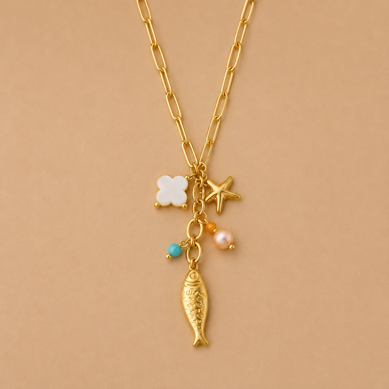Multi charm fish drop necklace