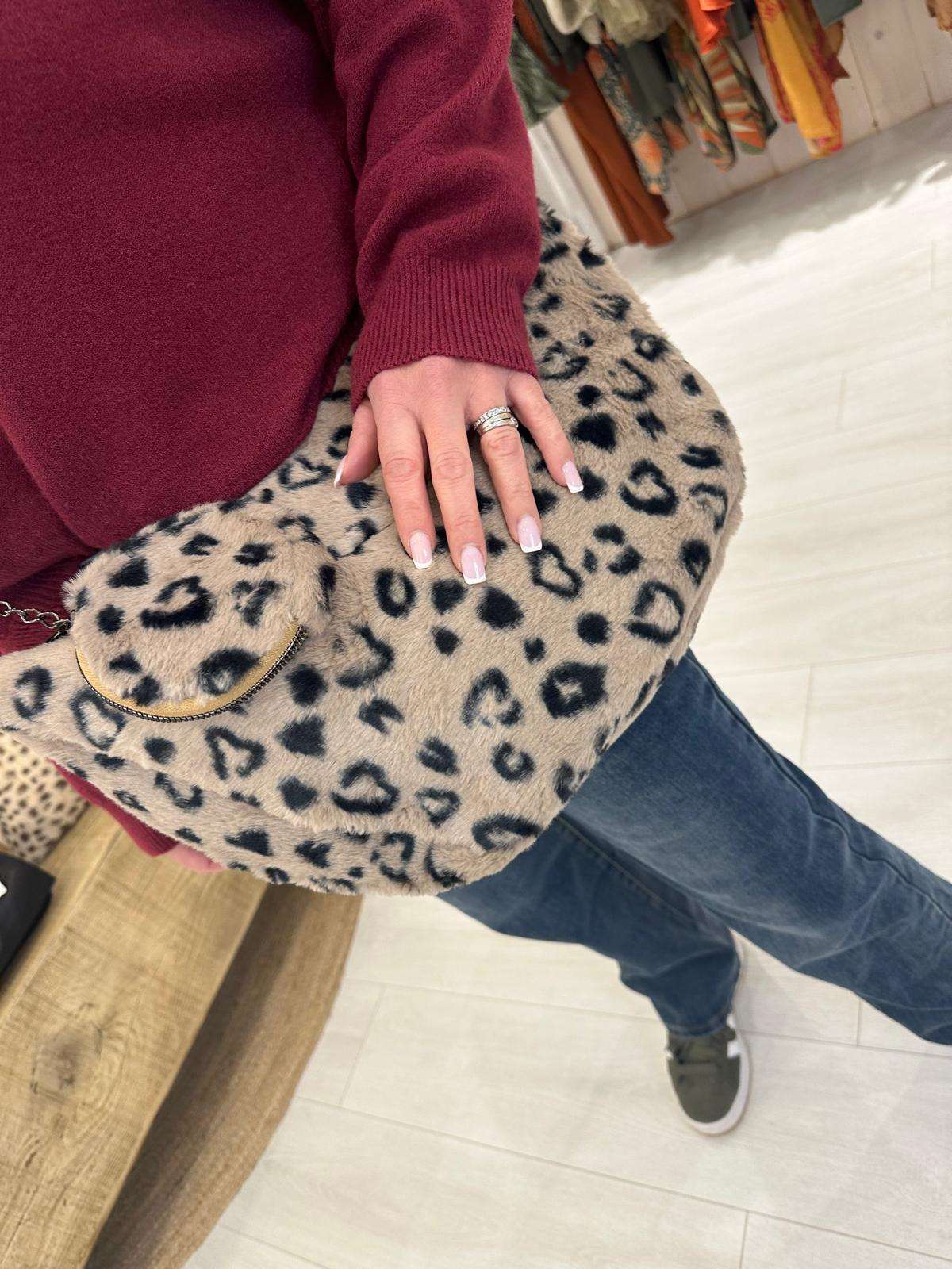Faux Fur Leopard Half Moon Cross Body Bag