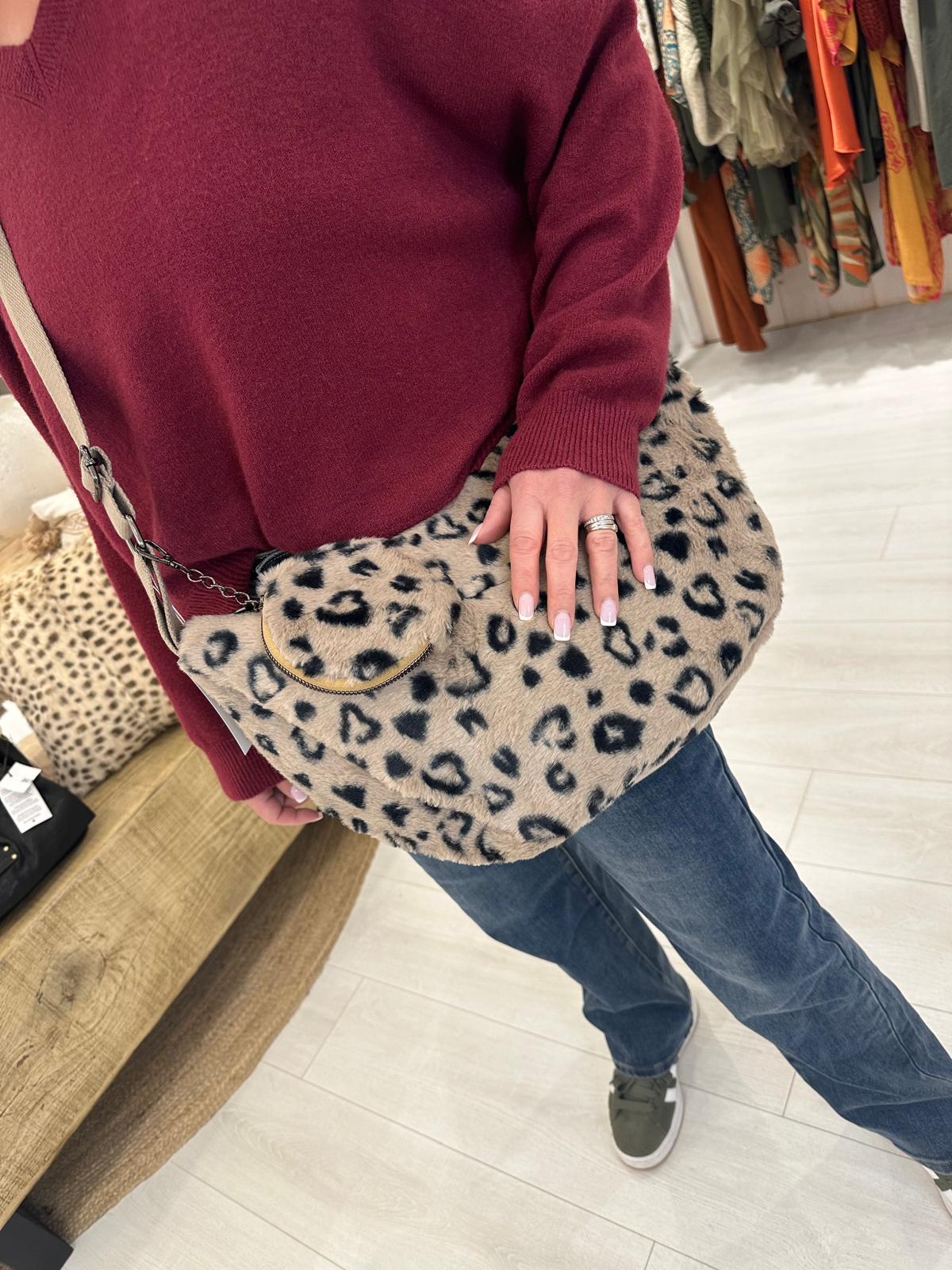 Faux Fur Leopard Half Moon Cross Body Bag