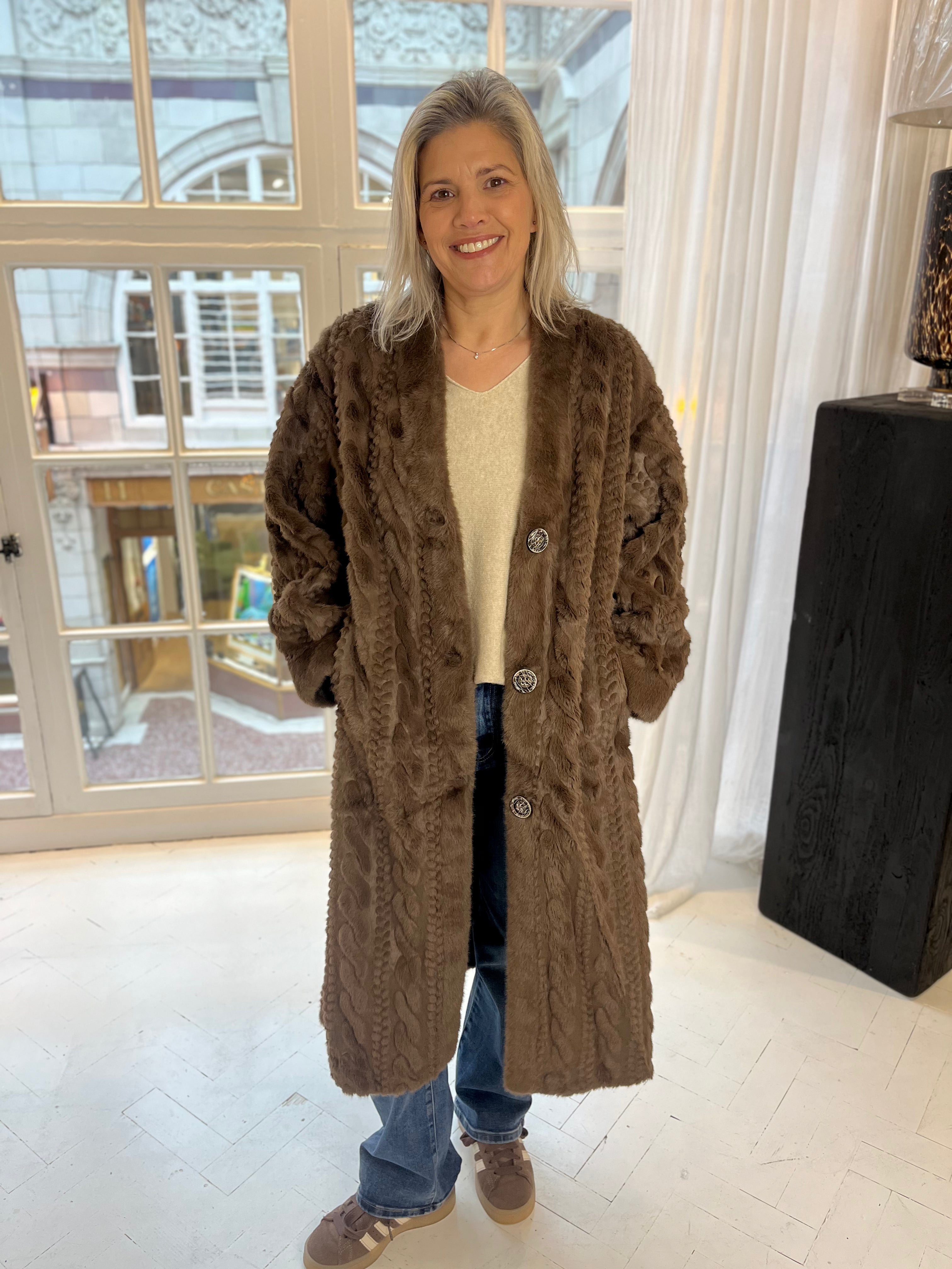 Cable Faux Fur Long Cardigan