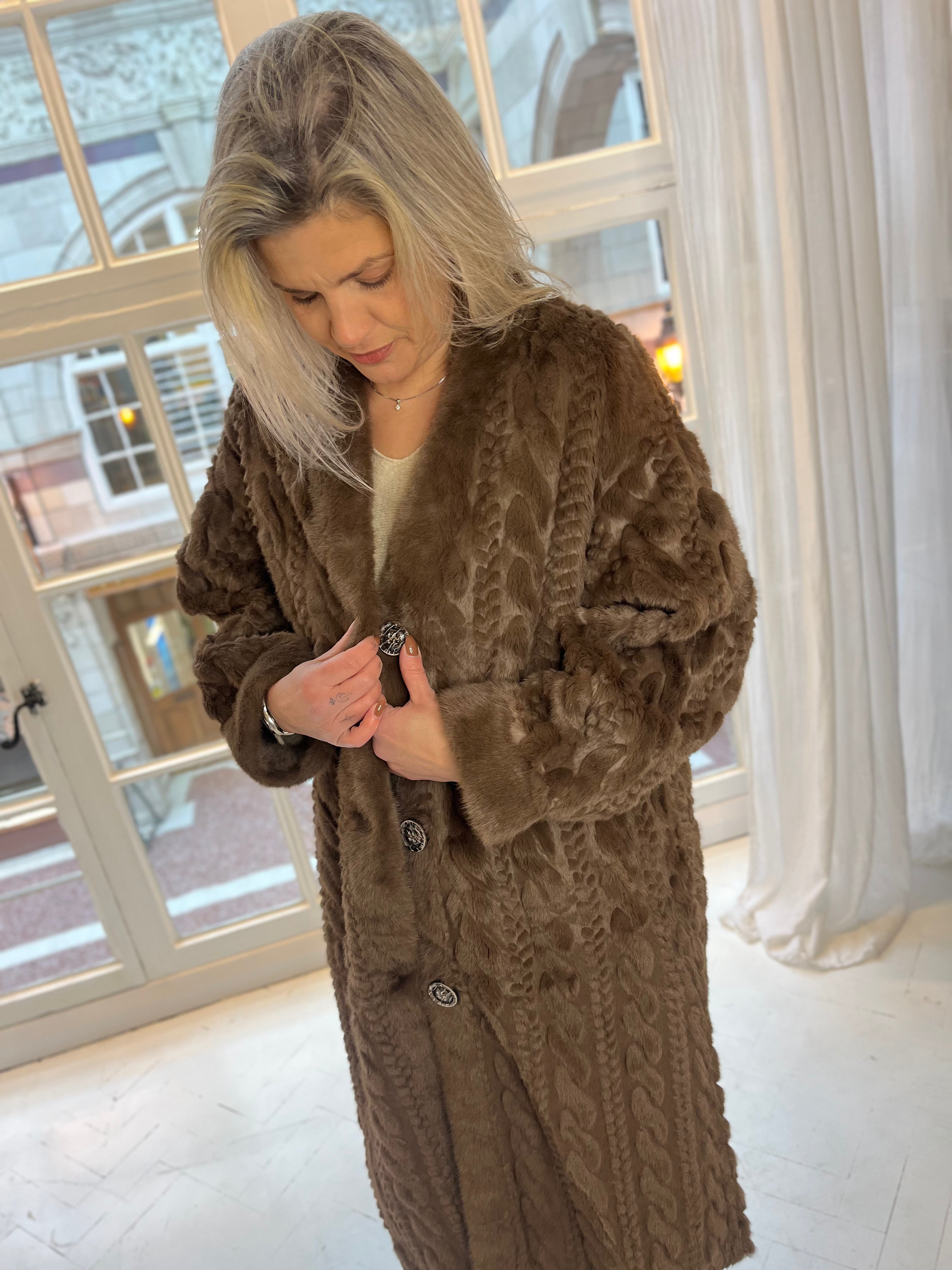 Cable Faux Fur Long Cardigan