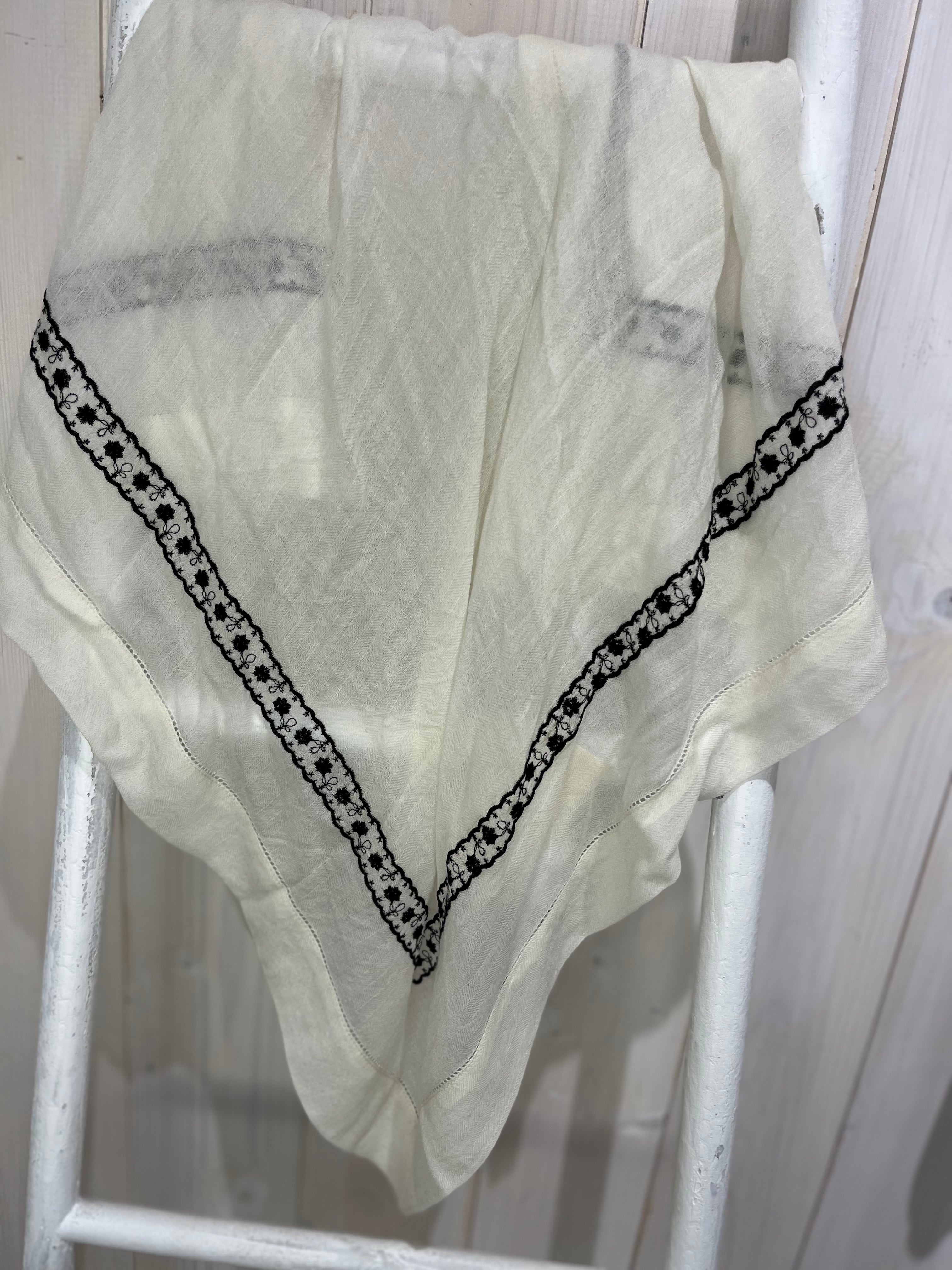 Luxury Cashmere Scarf: Cream with Black Embroidered