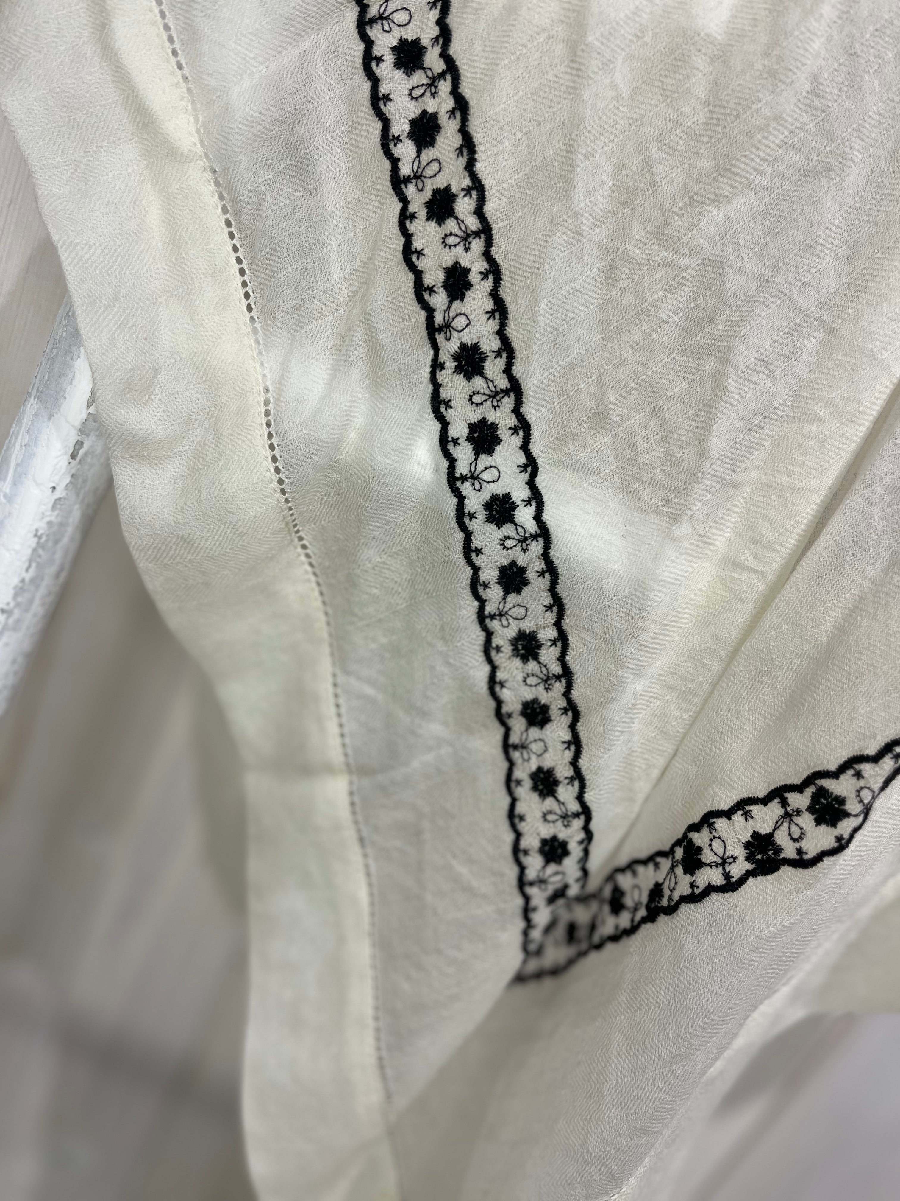 Luxury Cashmere Scarf: Cream with Black Embroidered