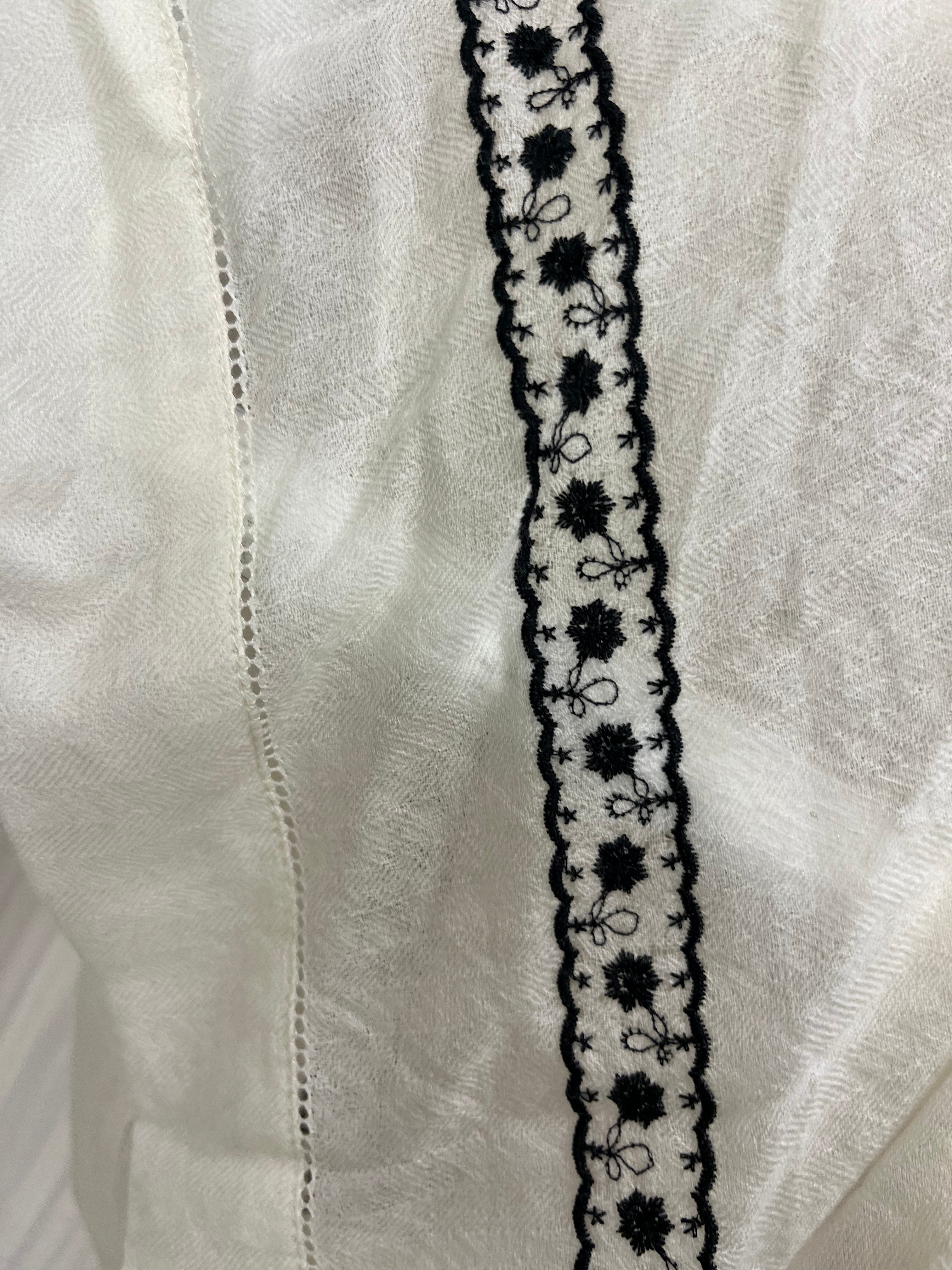 Luxury Cashmere Scarf: Cream with Black Embroidered