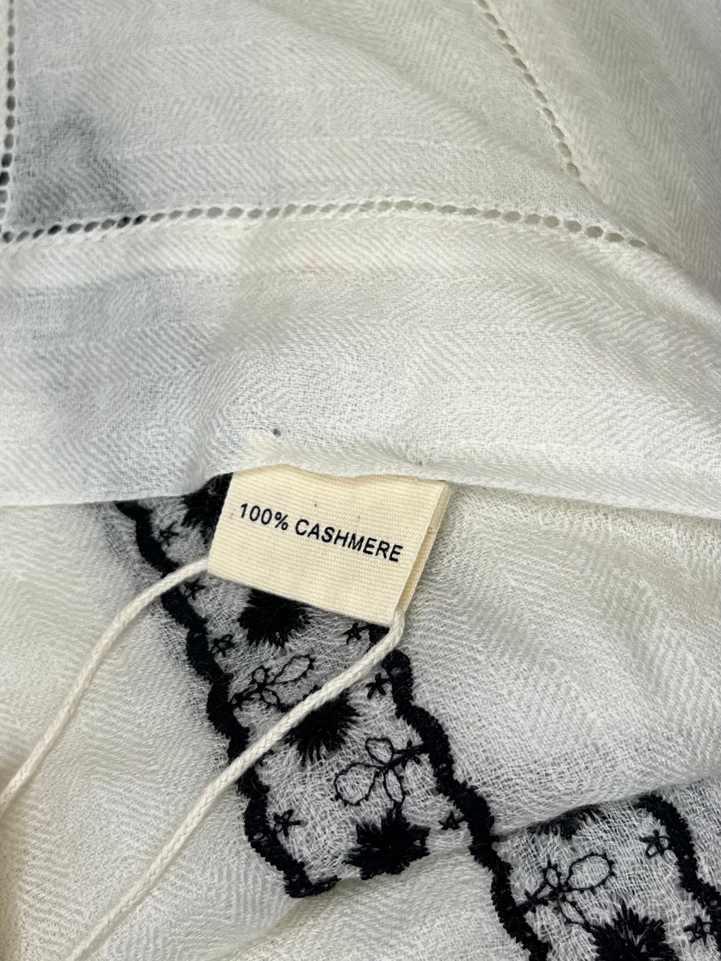 Luxury Cashmere Scarf: Cream with Black Embroidered