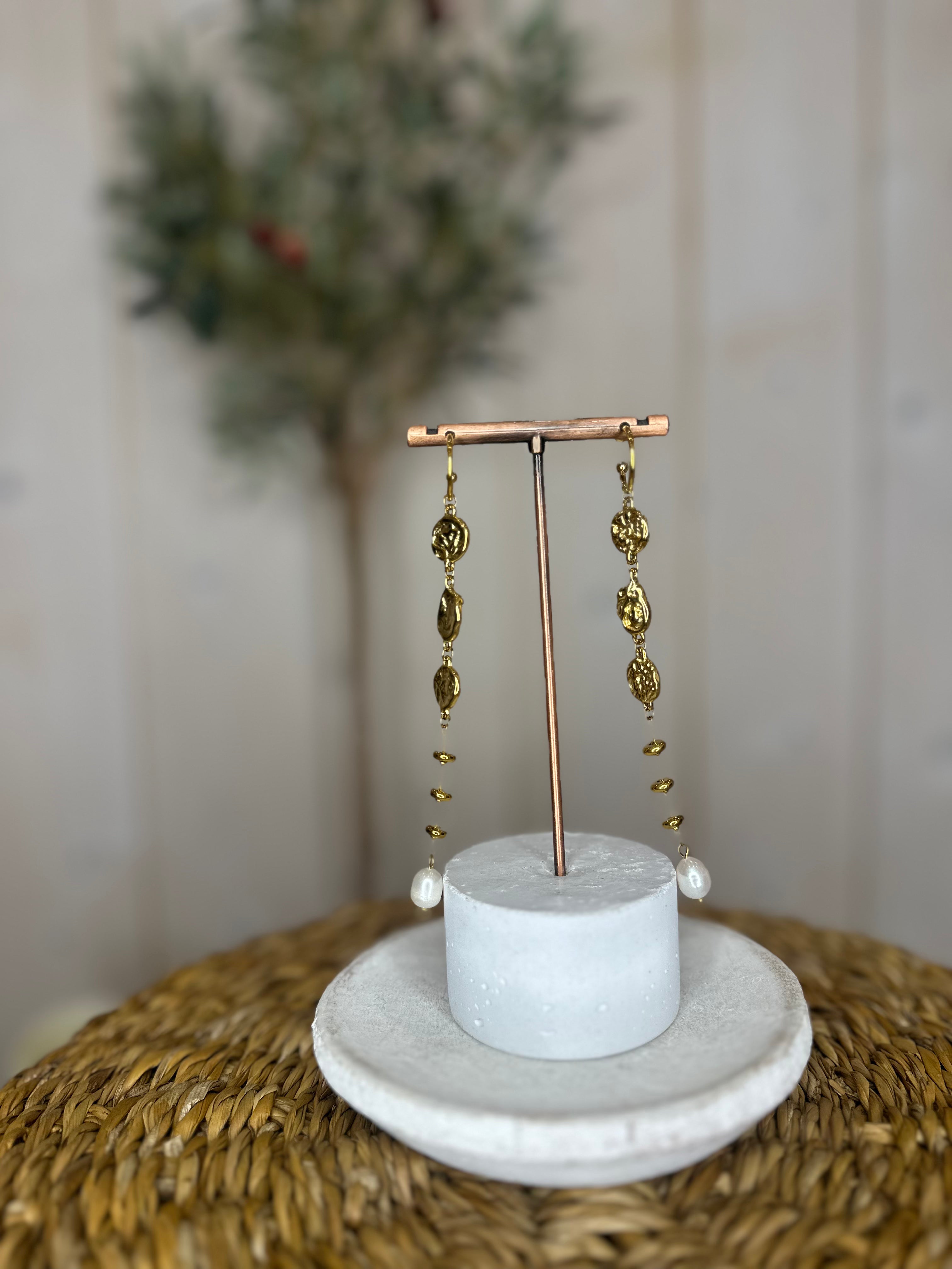 Molten Disc Drop Earrings in Gold and Freshwater Pearl