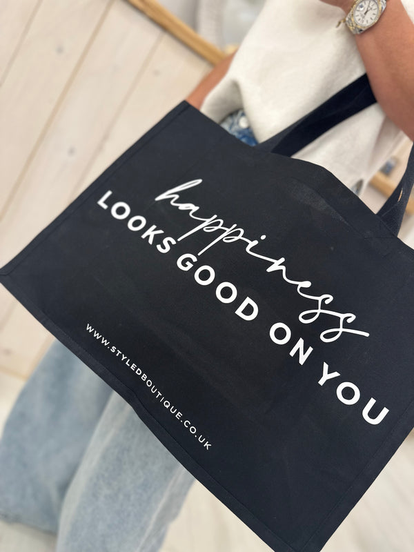 'Happiness Looks Good On You' Canvas Reusable Bag - BLACK
