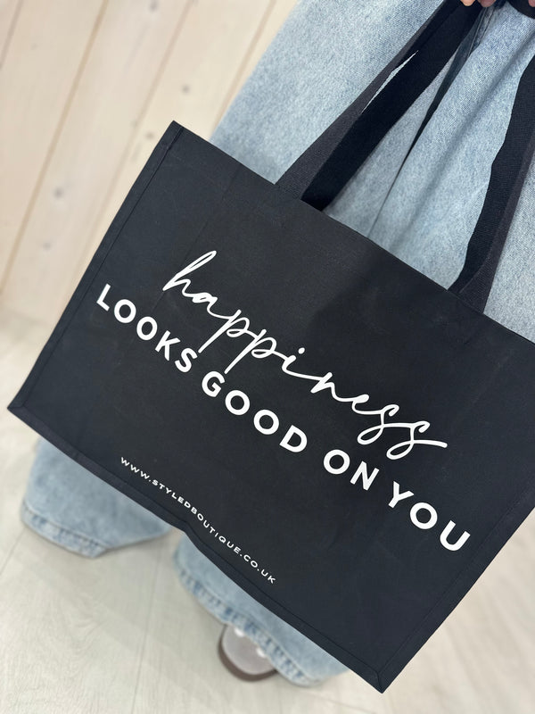 'Happiness Looks Good On You' Canvas Reusable Bag - BLACK