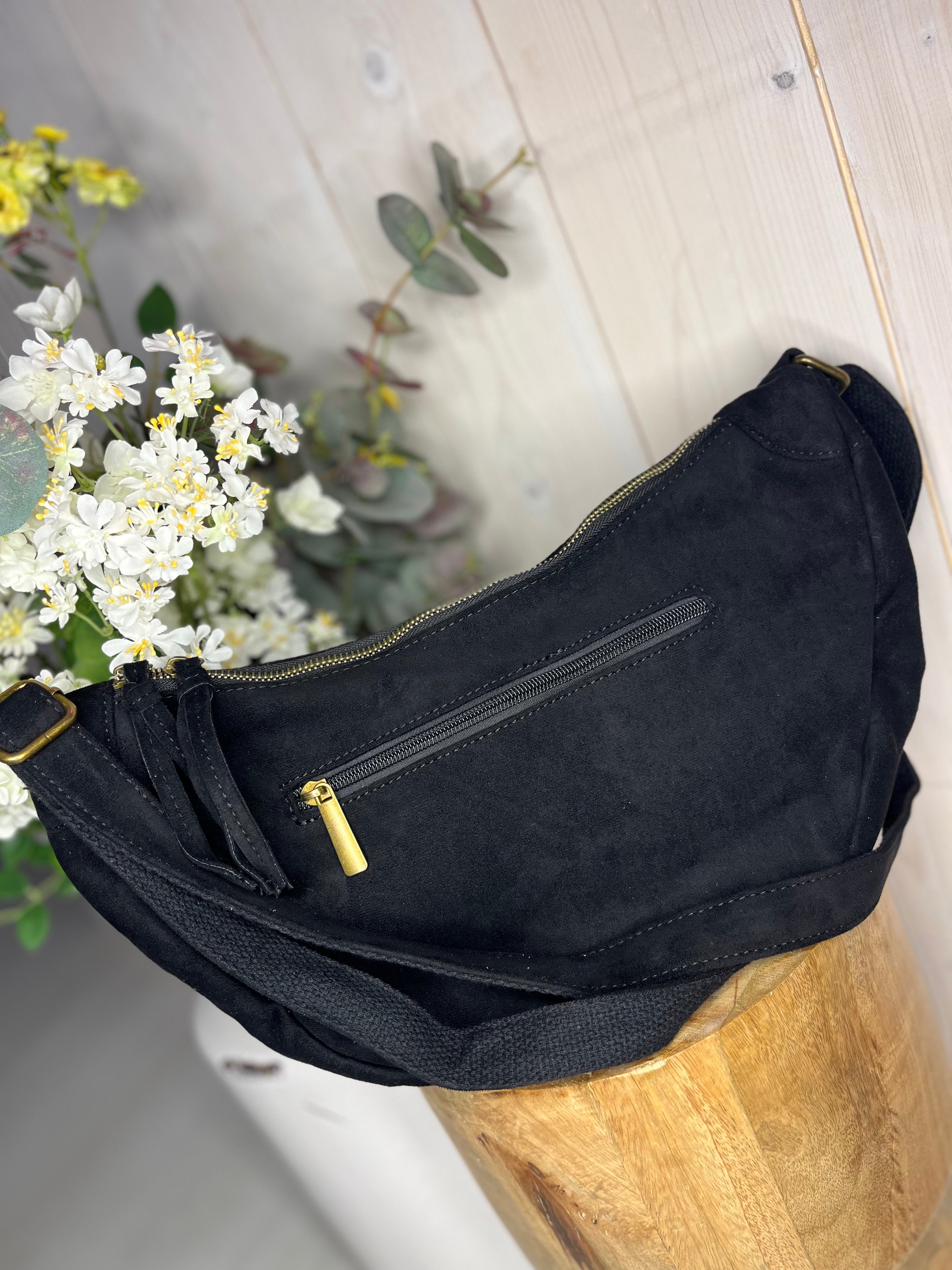 Faux Suede Half Moon Crossbody Bag