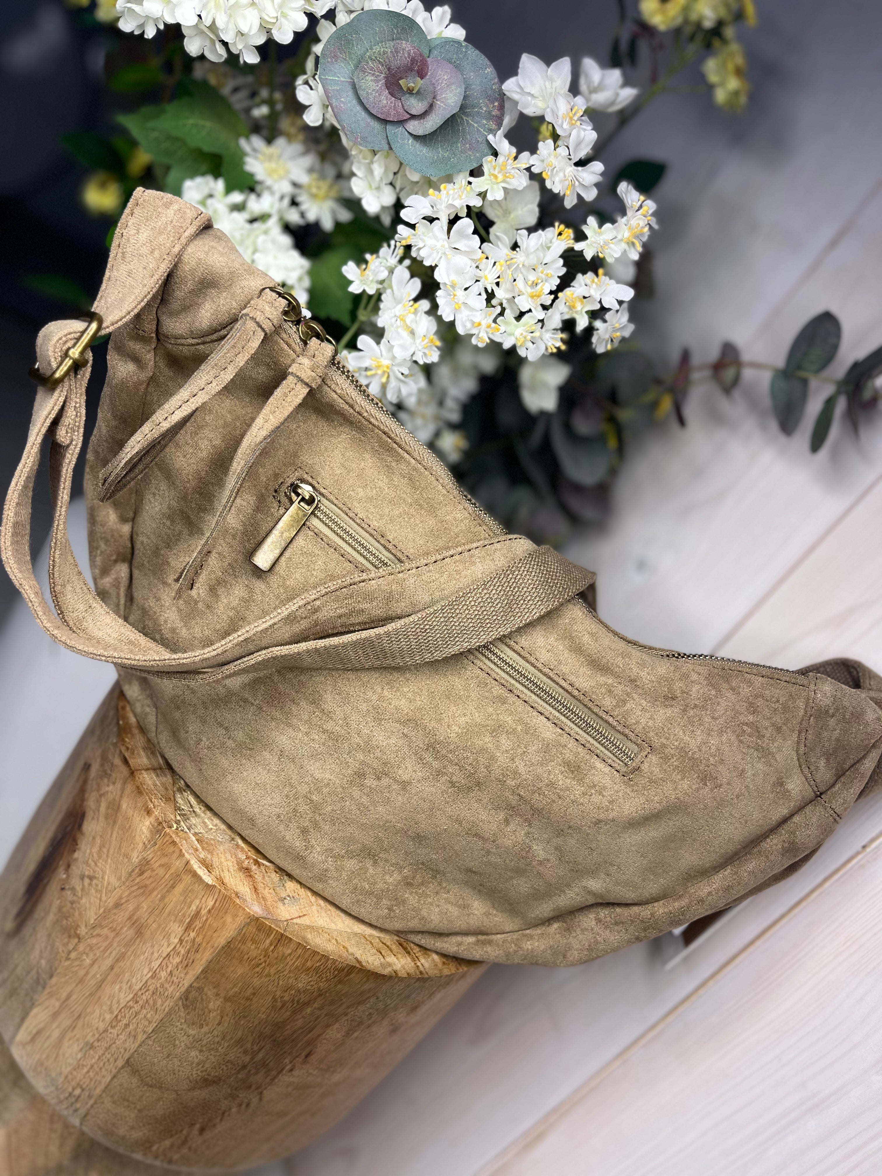 Faux Suede Half Moon Crossbody Bag