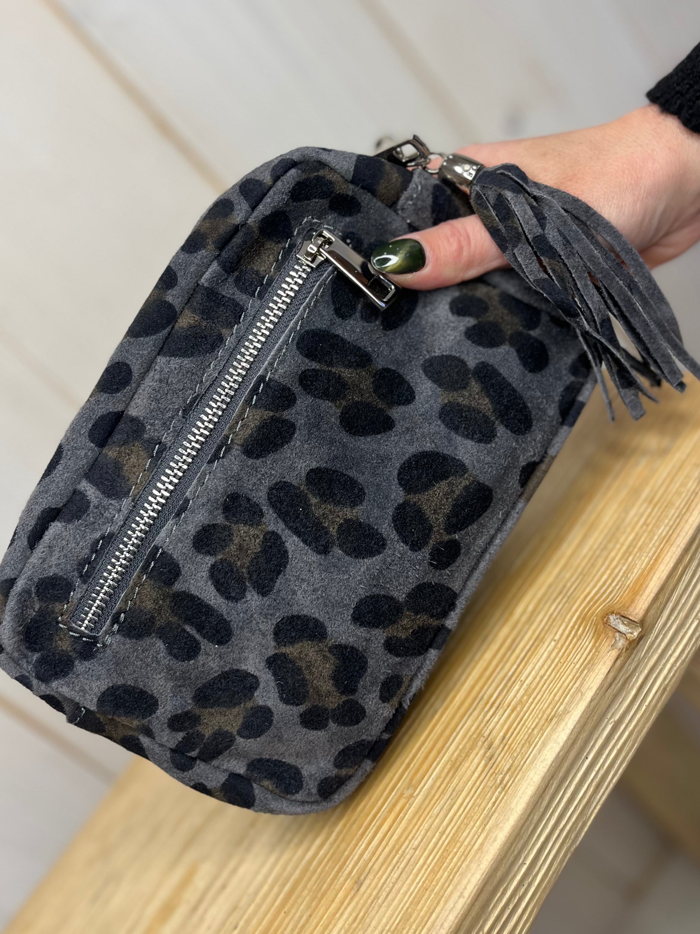 Suede Leather Leopard Camera Bag