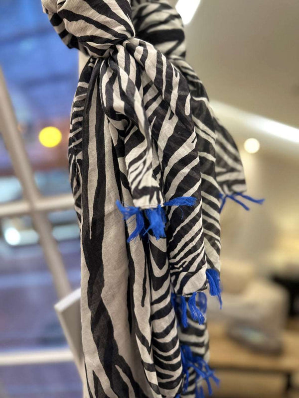 Zebra with Blue Tassel Scarf