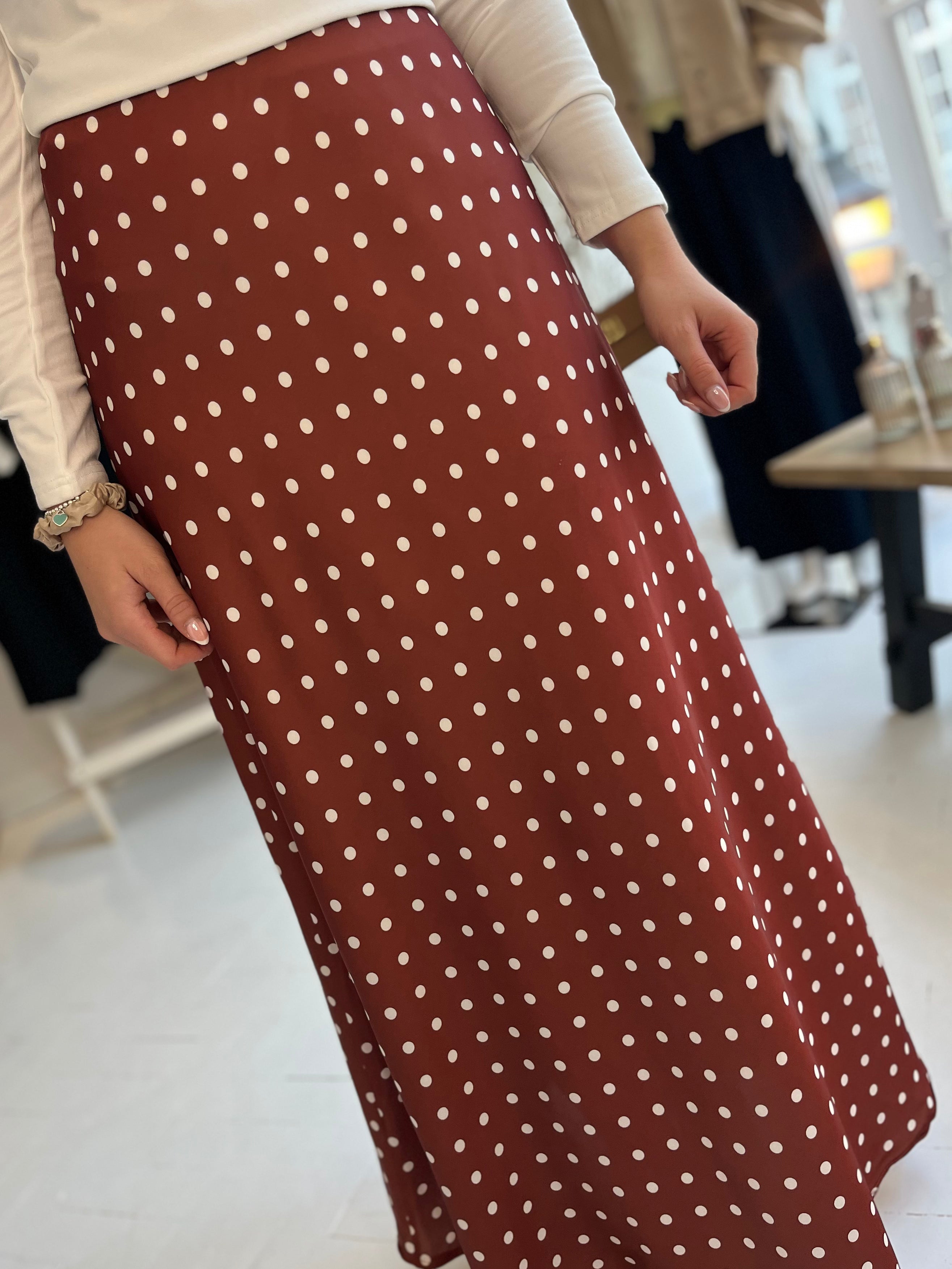 Polka Dot Satin Midi Skirt