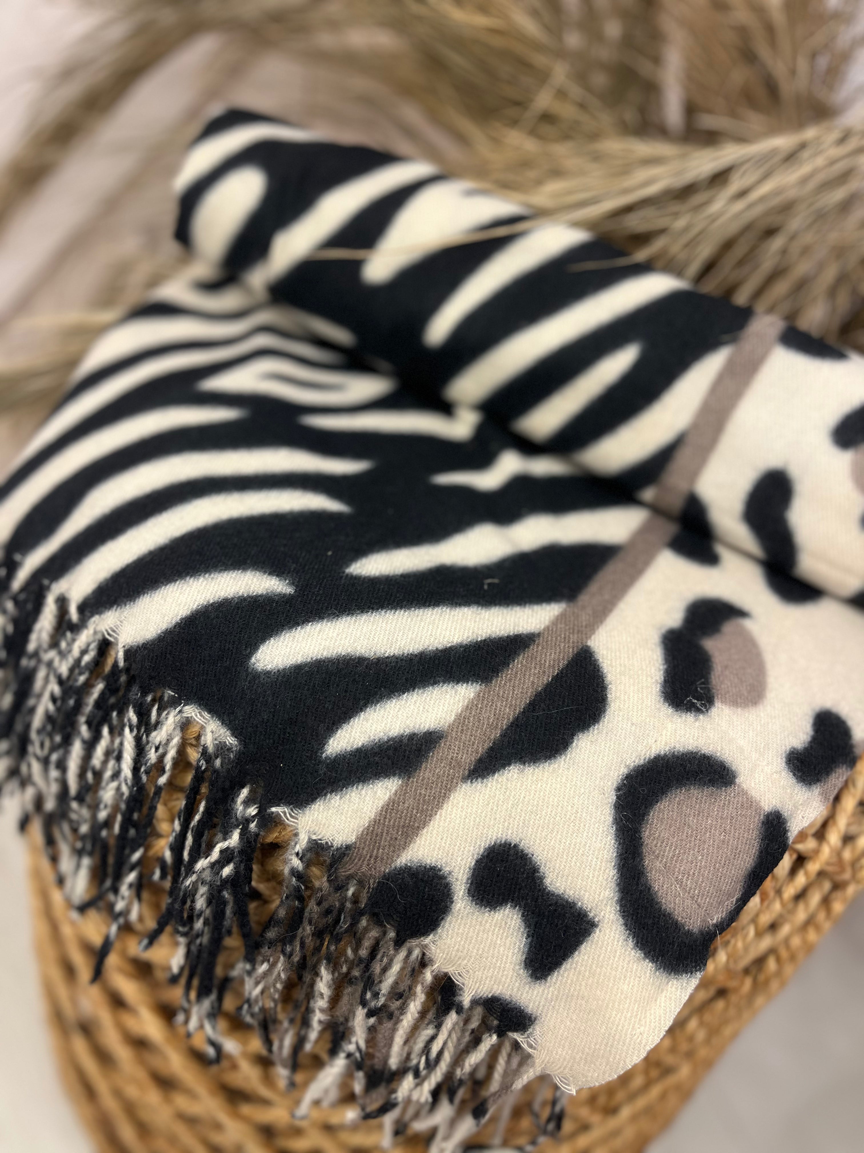 Mixed Animal Print Tassel Scarf