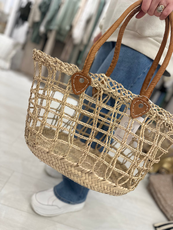 Moroccan Cage Rattan Leather Strap Bag