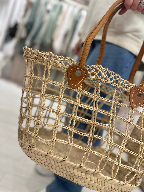 Moroccan Cage Rattan Leather Strap Bag