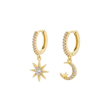 Cubic Zirconia Star and Moon Drop Huggie Earrings in Gold