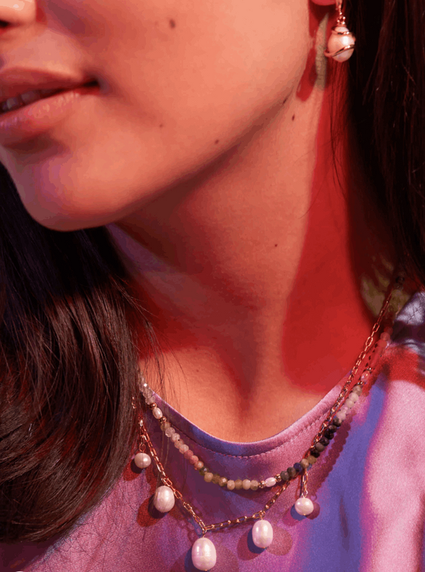 Gemstone Pearl Tourmaline T-Bar Beaded Necklace