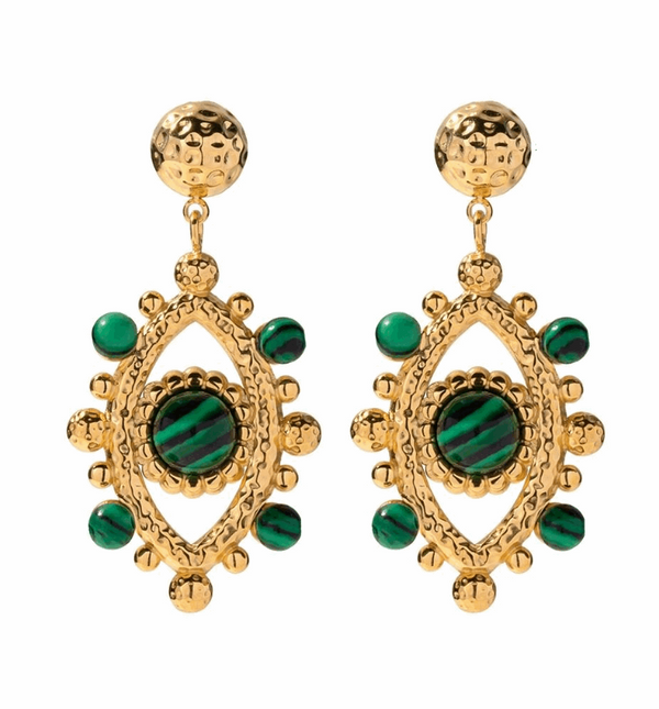 Hammered beaded oval earring in malachite