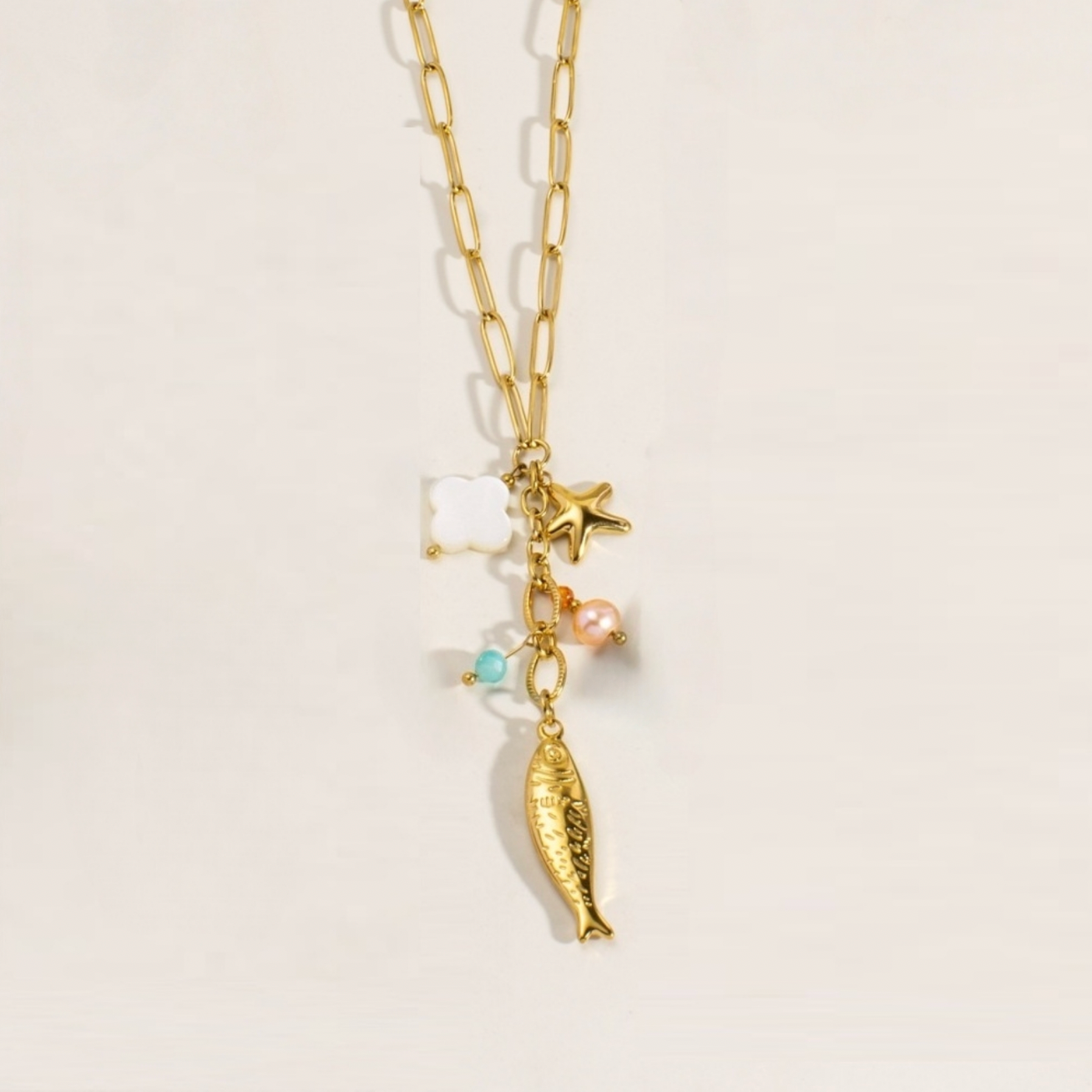 Multi charm fish drop necklace