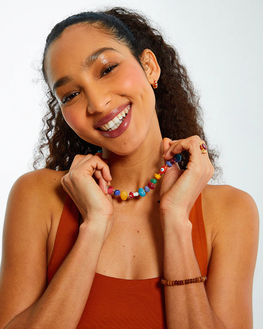 Multicoloured Rainbow Natural Stone Beaded Charm Necklace