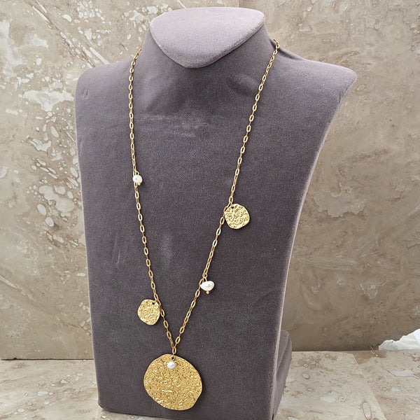 Textured organic circle charms &  pearls necklace