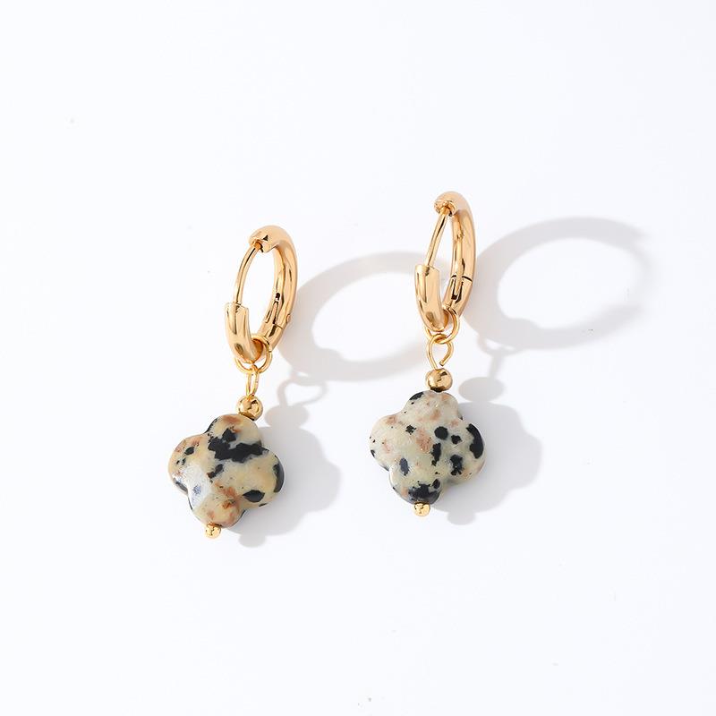 Natural Stone Clover Pendent Hoops: Speckle & Gold