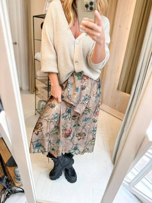 Satin Floral Skirt | Taupe